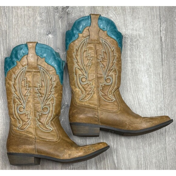 Coconuts by Matisse Western Cowboy Boots 8.5 Tan Teal Embroider Cimmaron Cowgirl - Picture 3 of 11